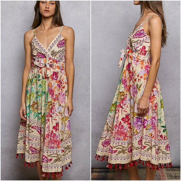 POL Floral Print V neck tassel Hem Front Tie Cami Dress - Picture 3 of 5